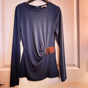 Michael Kors Navy Long Sleeve Blouse Top Side Ruched Medal Logo Belt Womens XS